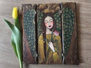 Anioł Stróż na starej desce – ręcznie malowany, tryptyk, tulipan, unikat