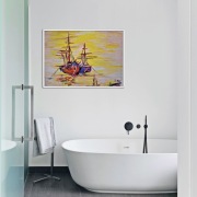 Obraz akrylowy ręcznie malowany żaglówki przy zachodzie słońca 40x50 cm