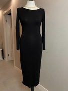 Klasyczna czarna sukienka midi do połowy łydki długi rękaw wiskoza 