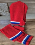 Nowy komplet PRL czapka pompon paski czerwona szalik retro 