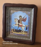 Grecka Ikona prawosławna w kiocie Święty Jerzy walczący ze smokiem.