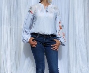 Lekka bluzka H&M 34 XS 36 S bawełna etno folk boho niebieska paski haft