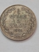 Polska, 5 zł, 3/4 Rubla, Srebro, 1839r.