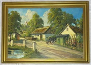 Wiejski zaułek z malwami obraz olejny