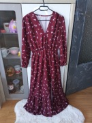 Burgundowa sukienka w kwiatki dekolt V rozmiar uniwersalny 