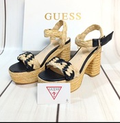 Guess Sandały Damskie Plecione Czarne Beżowe Na Słupku Platformie Casu