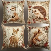 Rustykalna poszewka na poduszkę, lis, jeż, sarna, wiewiórka, 45x45cm, 4szt.