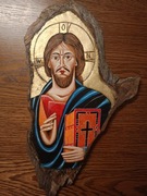Ikona Pantokrator Jezus Chrystus na desce z pniaka