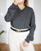 Szary wełniany sweter dekolt V 100% wełna naturalny skład premium oversize