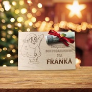 Bon voucher świąteczny z grawerem na imię na Mikołaja + wstążka, na sklejce