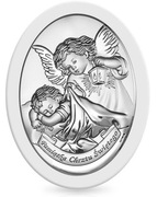 Srebrny Obrazek Anioł Stróż Pamiątka Chrztu Świętego 10,5 x 8,5 cm Drewno