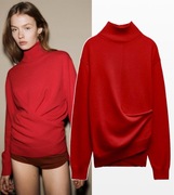 ZARA sweter-golf ze 100% kaszmiru z ozdobnym wiązaniem, czerwony, r. M-L