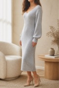 Boohoo Sukienka Sweterkowa M Szara Bufiaste Rękawy Miękka Cozy HIT Wiosny