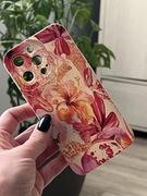 Kremowy case iPhone 13 Pro etui w pomarańczowe i różowe kwiaty kwiatki