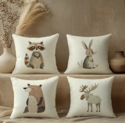 Poszewka na poduszkę.Seria leśna: miś, szop, zając, łoś, las, 45x45cm 4szt.