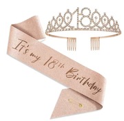 TIARA OPASKA i SZARFA 18 Urodziny śr 12.5cm h 3.5cm RÓŻ Metalowa 
