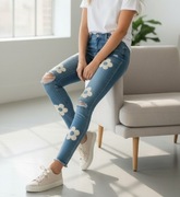 Jeansy flowers push up premium denim - kwiatowe aplikacje S