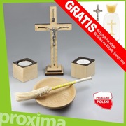 DREWNIANY JASNY KOMPLET KOLĘDOWY Krzyż Świeczniki Kropidło Miska na KOLĘDĘ