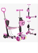 Hulajnoga trójkołowa z siedziskiem 3w1 koła LED, koszyk biedronka, różowa