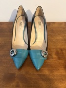 Prada Milano szpilki skórzane 39,5 luksusowe czarne turkusowe
