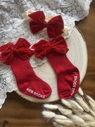 Czerwone skarpetki z opaską dla niemowlaka koronkowa kokarda  0-6 6-12 