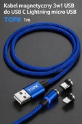 Kabel magnetyczny 3w1 TOPK 1m – USB do USB-C, Lightning i micro USB
