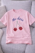 100% Bawelna Różowy T-shirt z napisem Ma chérie i printem ust wiśniowych