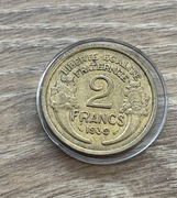 Moneta Francja dwa franki 1939r. Stan okołomenniczy z poza obiegu Kolekcja