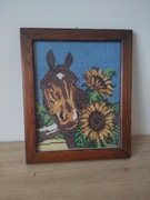 Obraz haftowany ręcznie – Koń i słoneczniki 29x36 cm Dekoracja Handmade