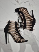 Piękne wiązane czarno-złote buty sandały na obcasie