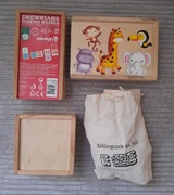 Zestaw drewnianych układanek i domino