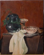 Martwa natura z dzbankiem i porcelaną, olej na płótnie, lata 50–70