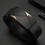 Luksusowy pasek męski ze skóry ekologicznej z automatyczny klamrą. CZARNY