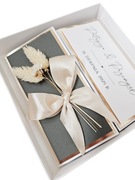 Kartka w pudełku ślub ślubna wesele boho butelkowa zieleń suszone kwiaty