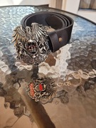 Czarny skórzany pasek Queen + brelok 