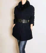 Elegancki wełniany granatowy płaszcz z futerkiem pod szyję, rozm. 42