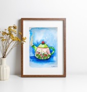 Akwarela A4 "Poziomkowy imbryczek", do kuchni, cottage, wiejska, poziomki