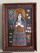 Ludowa ikona Matki Boskiej – scena sakralna, ręcznie malowana na drewnie