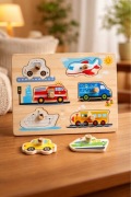 Drewniana układanka puzzle – pojazdy Klocki z uchwytami | 2+ | Stan idealny