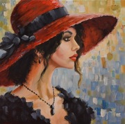 Rudziński obraz olej "Kobieta w czerwonym kapeluszu" 50x50 cm
