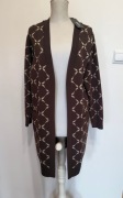 Ochnik brązowy kardigan sweter długi monogram beżowy S