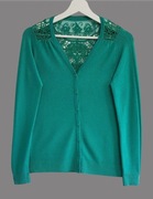 Damski bawełniany zielony sweter z koronką z długim rękawem 36/38 S/M 