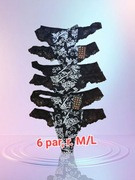 6 szt. Majtki- stringi damskie, M/L, czarne, koronkowe ze wstążką 