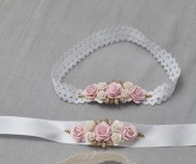 Zestaw biała koronkowa opaska oraz pasek do chrztu urodziny sesję 