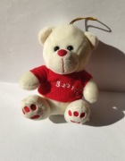 Mały biały miś w czerwonej bluzce maskotka z napisem Baby z zawieszką