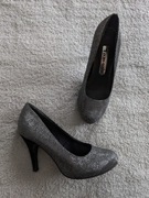 Eleganckie srebrne czarne błyszczące buty szpilki zamszowy obcas Tamaris 36