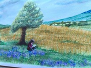 Sielsko wiejski pejzaż góry obraz zboże wakacje akwarela 30x42