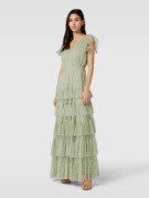 38 M LACE & BEADS długa sukienka wieczorowa z falbanami trzcinowy tiul