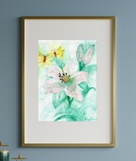 Akwarela oryginalna A4 "Biała Lilia i Cytrynki", obraz botaniczny, białe 