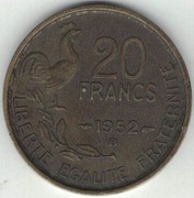 Francja 20 franków francs 1952 B nr 1